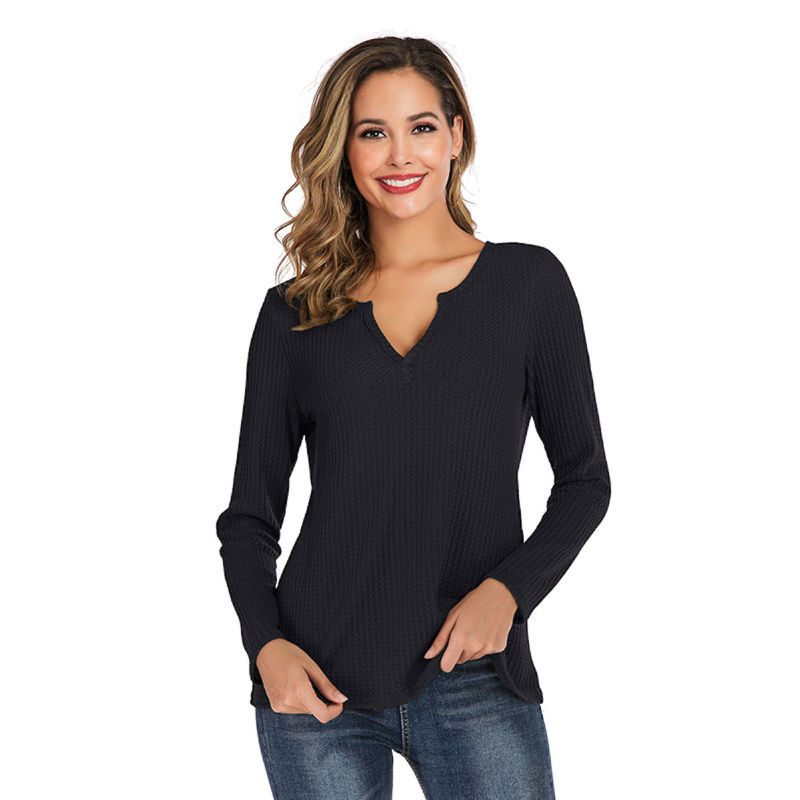 Long Sleeve V-Neck Waffle Knit Top | eBay